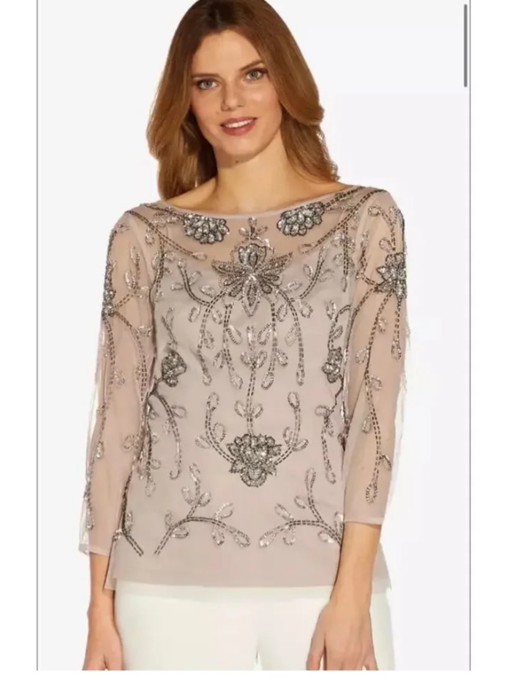 $149 Adrianna Papell Beaded Illusion Top MARBLE Womens 20 NWT Sequin Embellish